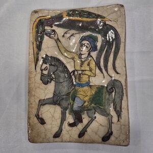 Vintage Persian Iznik Qajar Style Falconer Tile Polychrome Glazed 6" X 8"